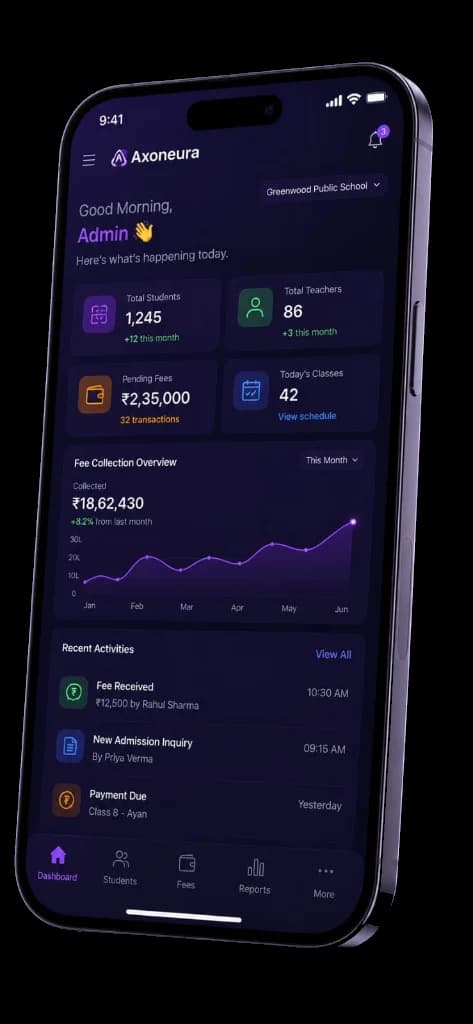 EduOpus school fee management app on mobile showing AutoPay dashboard